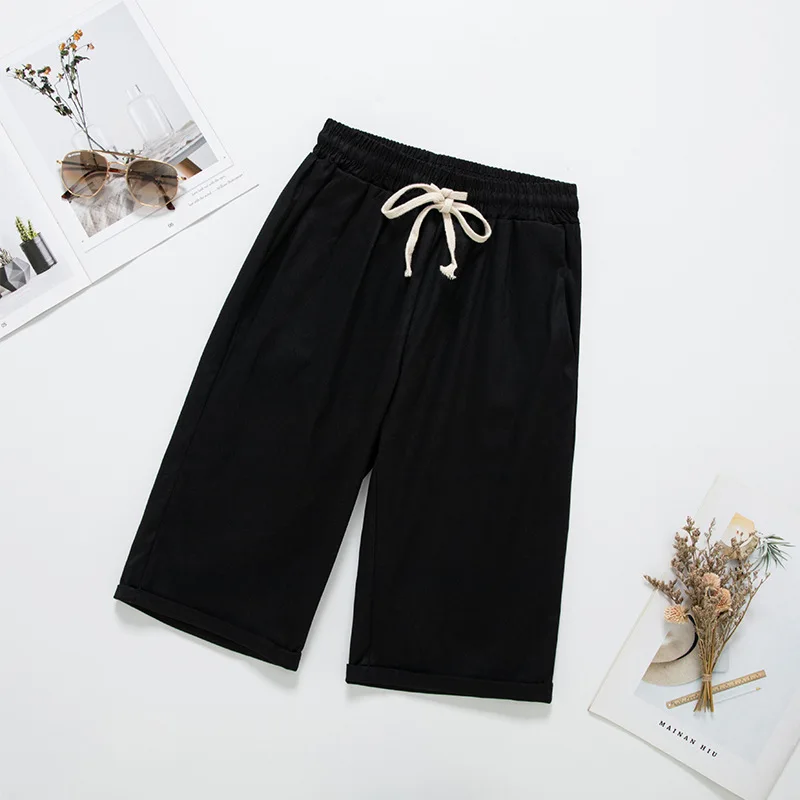 

2021 new thin high-waisted mid-pants straight loose and thin five-point casual pants cotton shorts white