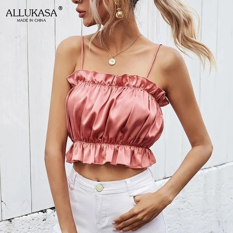

2021 Ruffled Camisole Ladies Summer Sexy Solid Color Pleated Tube Top Tight T-shirt Short Top Vacation Party Club Sweet Camisole