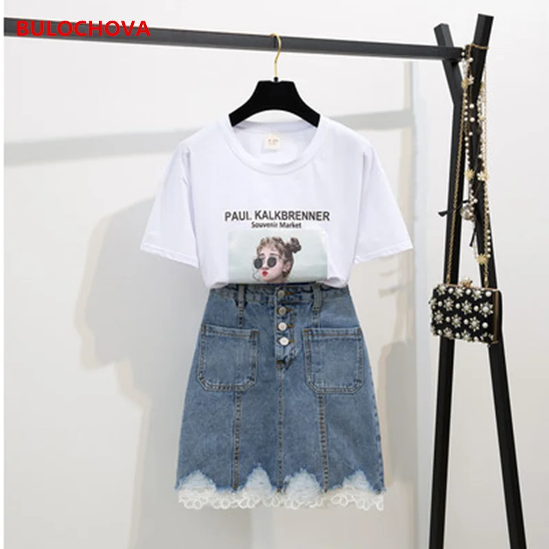 Футболка с принтом для студентов + короткая кружевная джинсовая юбка комплект из