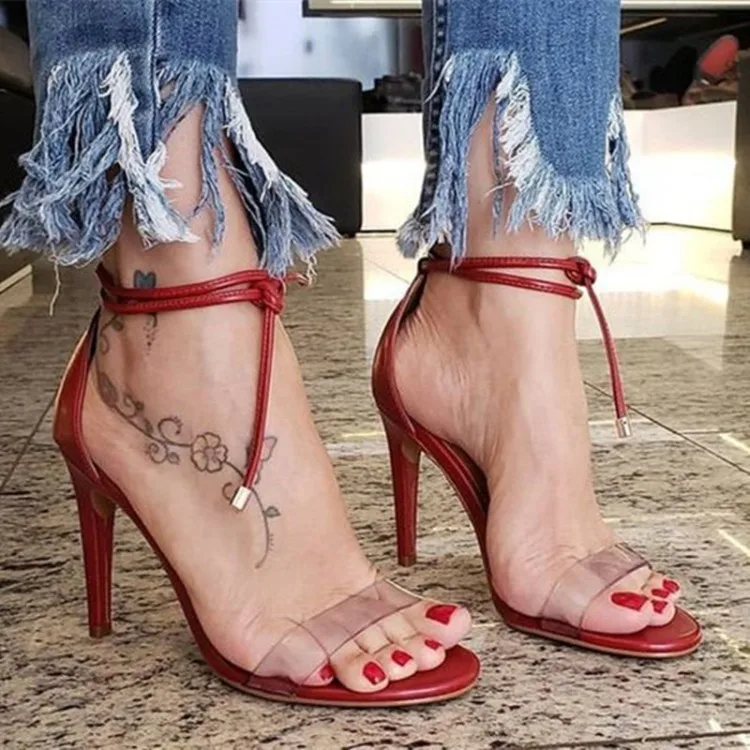 

ASHIOFU Handmade Women Stiletto Heel Sandals Ankle Strap PVC Leather Party Summer Shoes Evening Dating Fashion Sandals Shoes