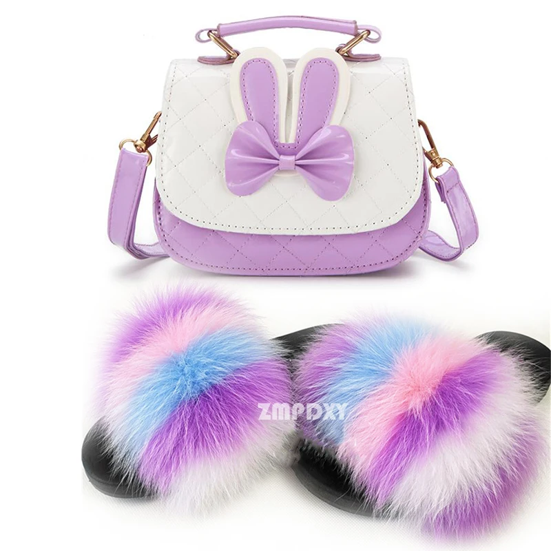 

Girls Summer Plush Slippers Cute Bow Princess Handbag with Exquisite Fur Sandals Fluffy Fur Slides Baby Girls Purse Beach Shoes