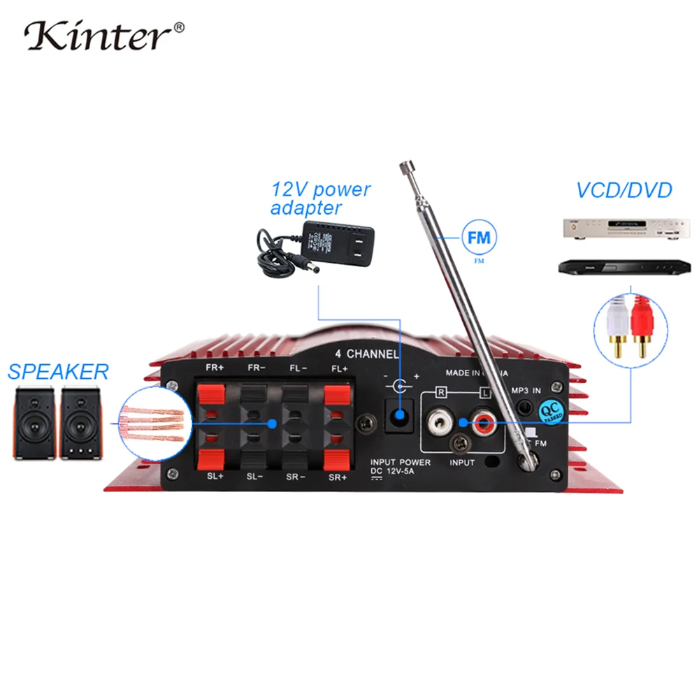 Kinter MA-900 Bluetooth усилитель аудио 4 канала Стерео Усилители звука с поддержкой USB, SD карт памяти, MP3 FM радио поставить DC12V 5A Мощность адаптер