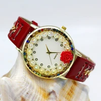 new ladies flower hand knitted wristwatch rose women dress watch color sparkling rhinestone leather strap clock sweet girl watch