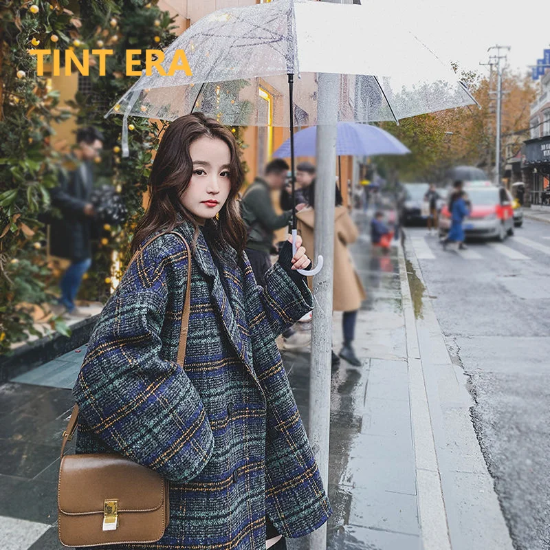 

TINT ERA Autumn Winter Tartan Coat Jacket Outwear Short Harajuku Female Overcoat Women Oversized Jackets Femme Y2K