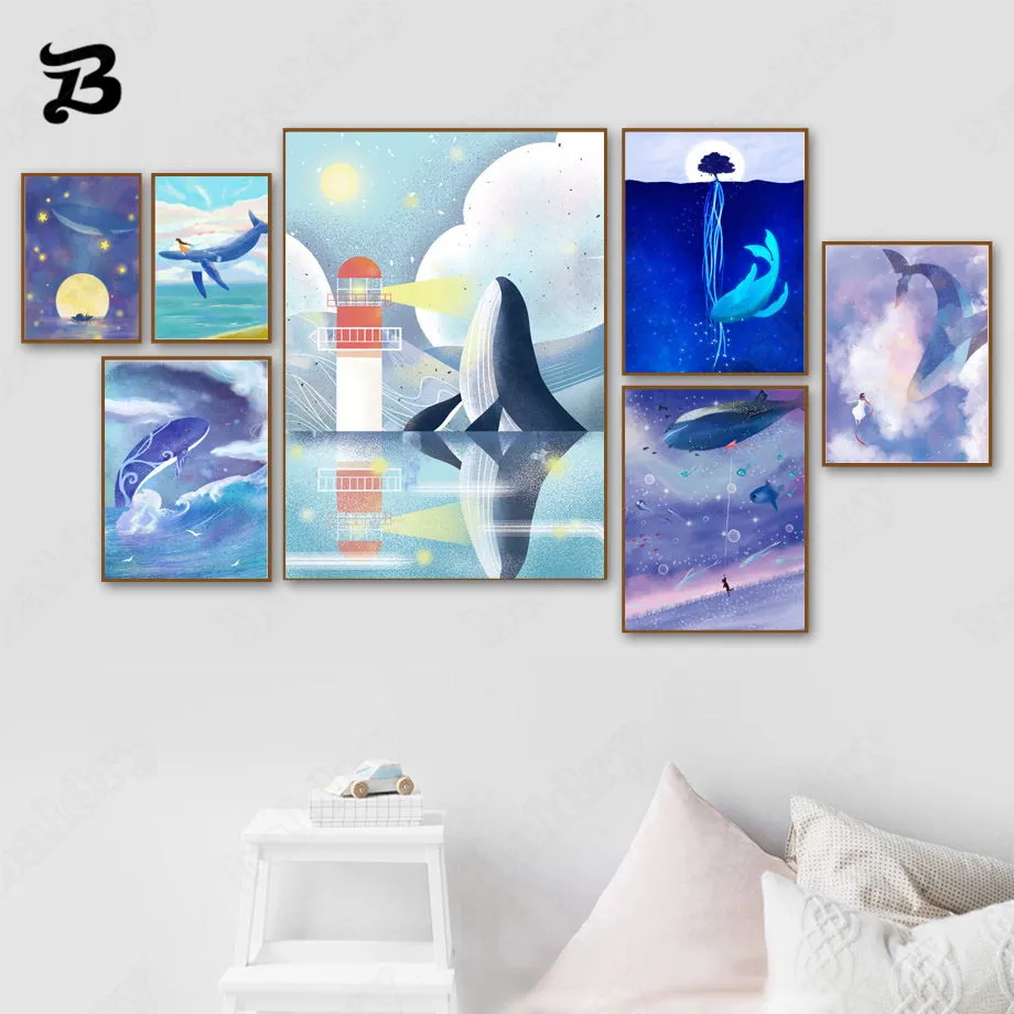 

Canvas Painting Fantasy Scenery Blue Whale Lighthouse Moon Ocean Wall Art Cartoon Posters Prints Wall Pictures Kids Room Decor