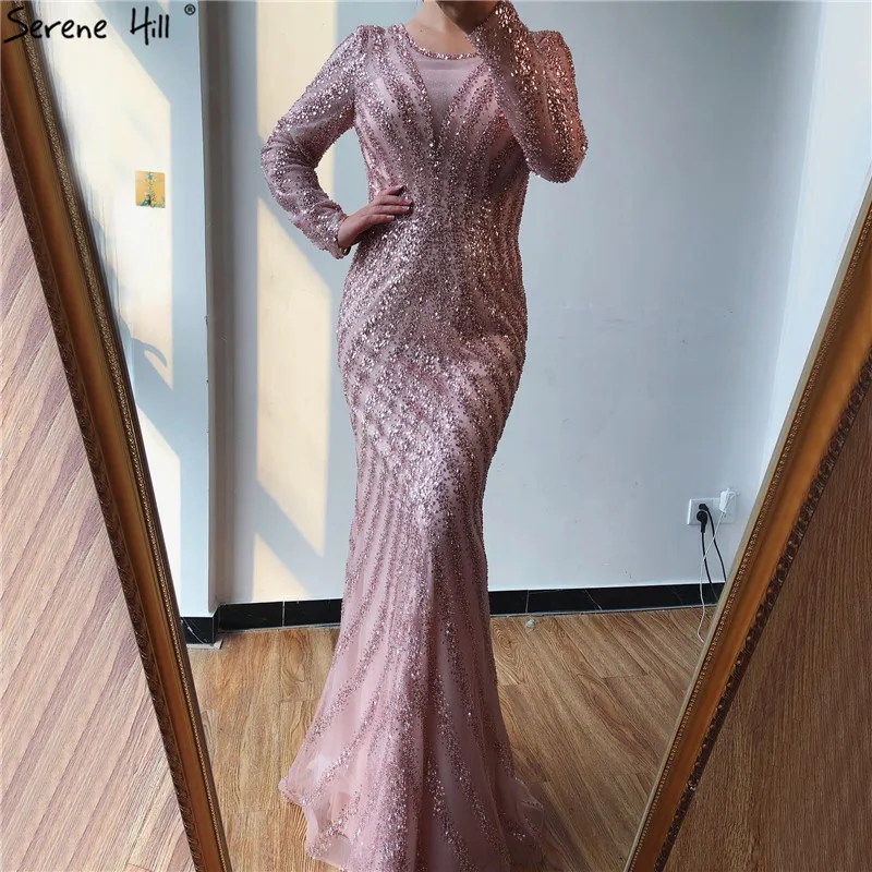 Роскошные розовые Выпускные платья русалки с круглым вырезом 2020 Дубай блестящее