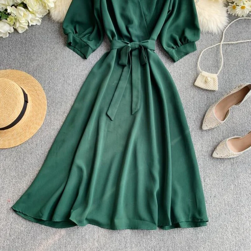 

Summer 2021 Women Dress Solid V-Neck Half Sleeve Bandage Dress Vestidos Chic Elegant A Line High Waist Midi Long Dress