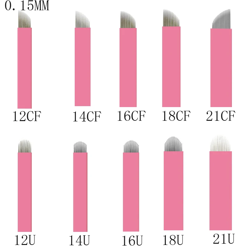 

Pink 100PCS Finest 0.15mm Microblade 7/9/11/14/16/18/21 Pins And U shape Permanent Makeup Eyebrow Tattoo Needles Disposable