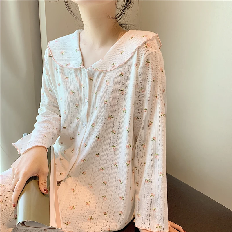 

Floral Print Sleepwear Spring Women Long Sleeve Tops Pants Casual Loose Knitted Cotton Pajamas Set Soft Pyjamas Night Suits L077
