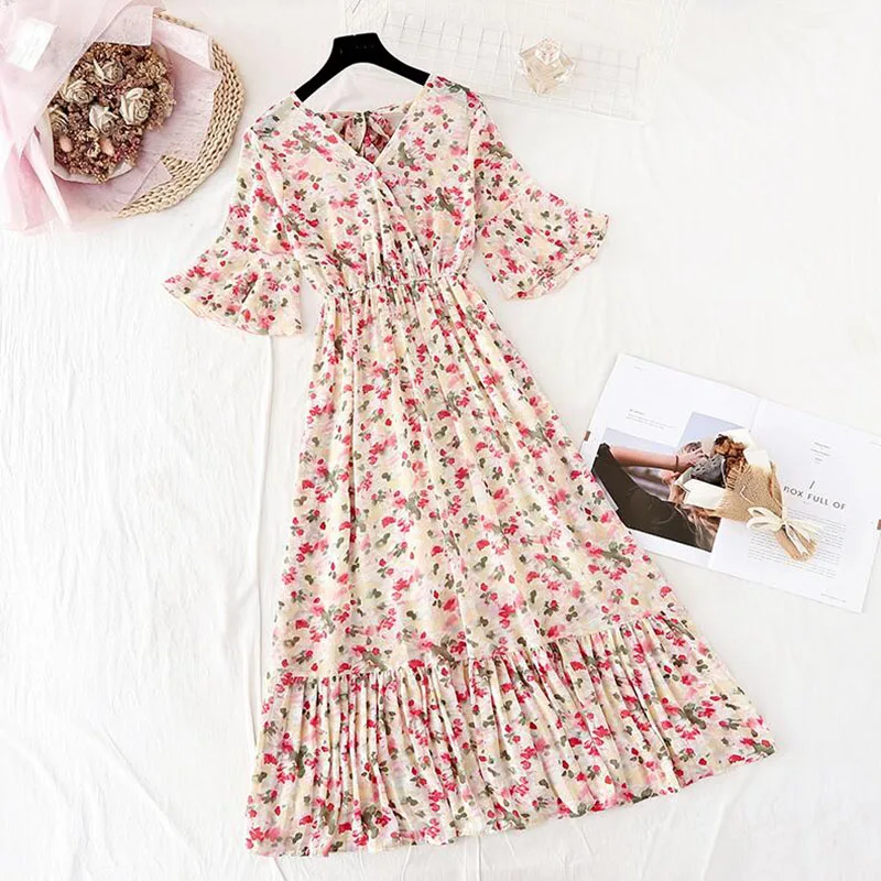 Женское винтажное платье миди с цветочным принтом коротким рукавом и оборками