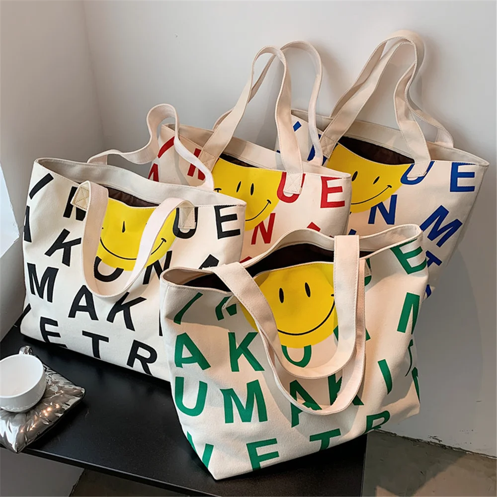 

2021 Designer Handbag Women Canvas Shoulder Bag Letter Smile Print Tote Bags Cartoon Casual 어깨 가방