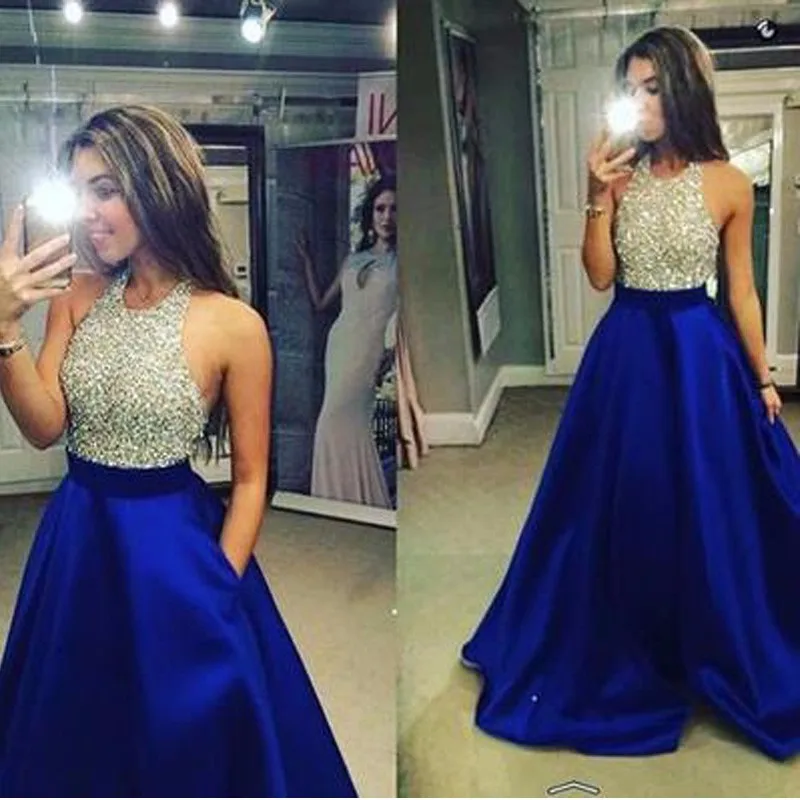 

Halter Beaded Long vestido de 15 Backless Party Silver Sequins Black Royal Blue Satin Ball Evening Gown 2020 Quinceanera Dresses