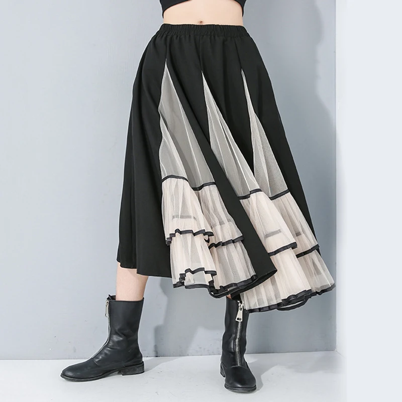 

XUXI High Elastic Waist Gray Mesh Split Pleated Temperament Cake Half-body Skirt Women Fashion New Spring Autumn 2020 FZ0622