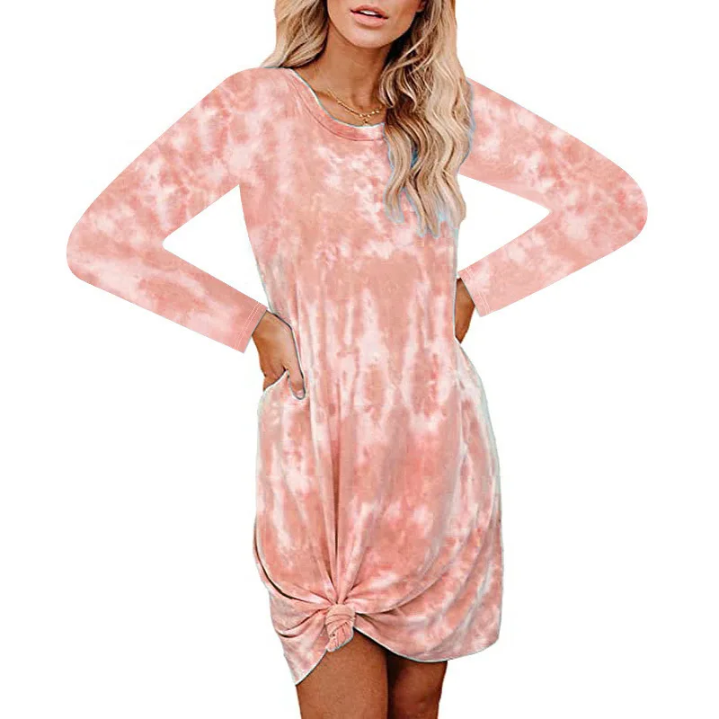 

Woman Dress 2020 Tie Dye Dresses Women Long Sleeve O-neck Autumn Casual Loose Knee Length Female Fashion Beach Party Vestidos