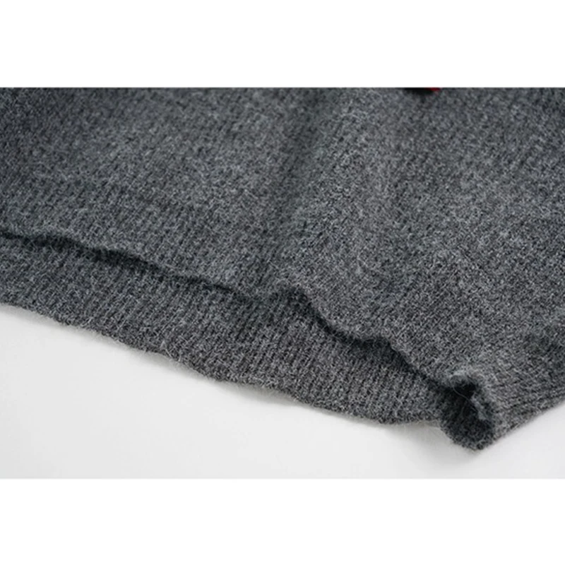 

Women Sweater With Colar Chic Peter Pan Collar With Bow Lace Up Dark Grey Knit Tops Warm Long Sleeve Vintage Elegant Knitwear