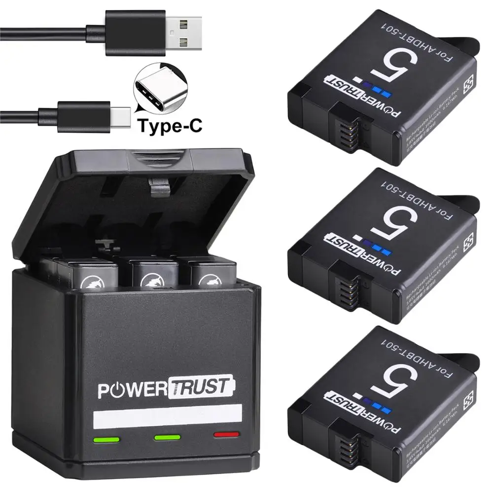 

PowerTrust Battery for GoPro Hero 7 hero 6 hero 5 Black Batteries and Triple Charger for GoPro Hero7 Black Akku Action Camera