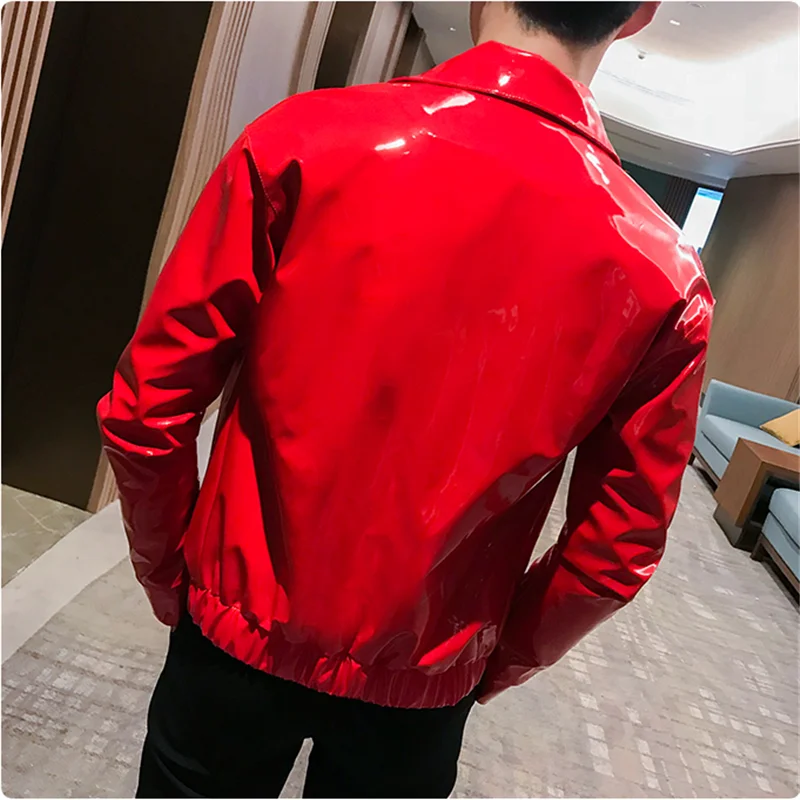 

Glossy Leather Jacket Men 's Stage Costume Solid Color Slim Men 's Jacket Coat