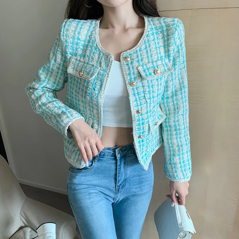 

New Spring Autumn Women Slim Tweed Contrast Color Short Jackets Female O Neck Single Breast Coat Elegant Vintage Outwear