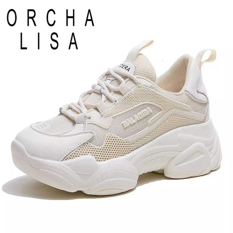 

ORCHALISA 2021 Mesh Sneakers Daddy Shoes Round Toe Leisure Lace Up Breathable Platform Thick Heel US7 8 Purple Black Beige A4418