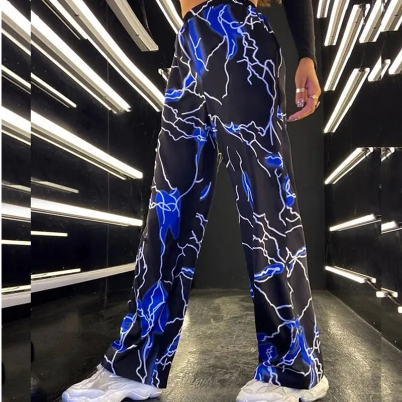 

Women's pants spring and autumn new lightning pattern printing fashion street high waist casual loose sports women's trousers