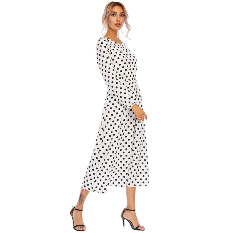 

EFINNY 2021 Women Point Print Dress Chiffon Beach Dress Ladies Loose Long Sleeve O Neck A-Line Elegant Women Dresses