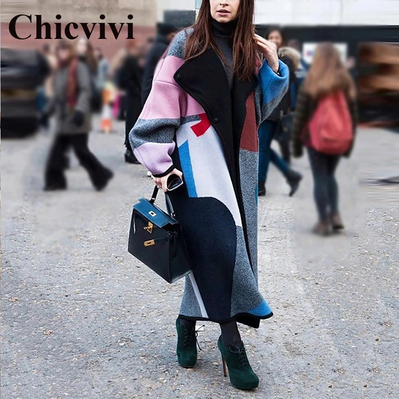 Elegant Color Block Patchwork Women Autumn Caot Long Sleeve Loose Korean Winter Coat Outwear