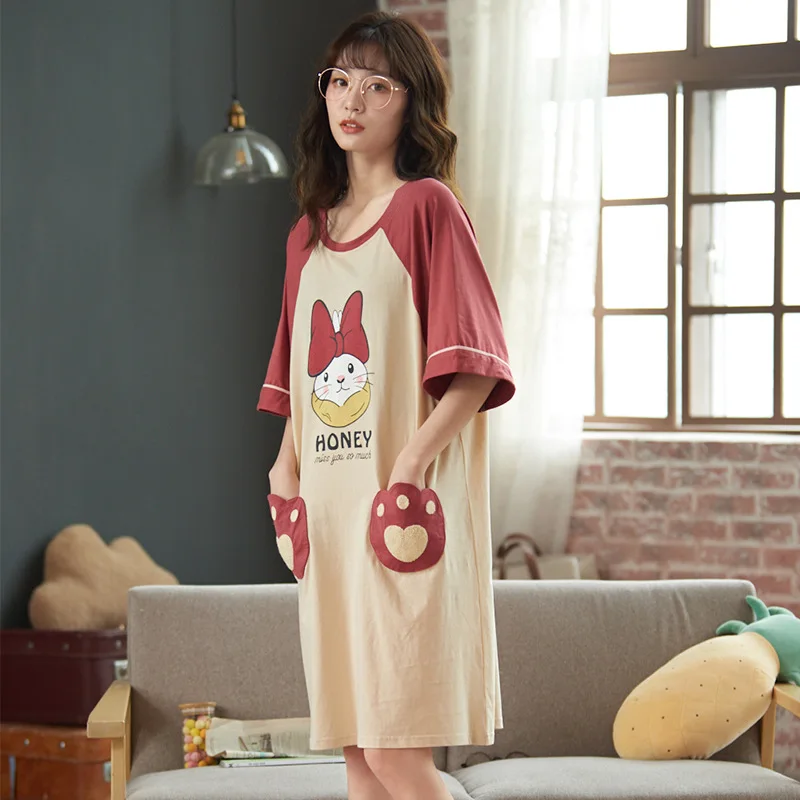 

Summer Sleepwear For Women Pink Splicing Nightdress Cute Elk Pattern Pocket Women Nightgown Cotton Comfort Women's Home Clothes