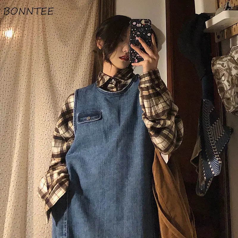 

Sleeveless Dress Women Retro Loose Lovely Spring Fall College Trendy Girls Denim Dresses Holiday Casual Popular Womens Vestidos