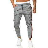 casual men skinny pants plaid side stripes drawstring ankle tied skinny trousers for sports