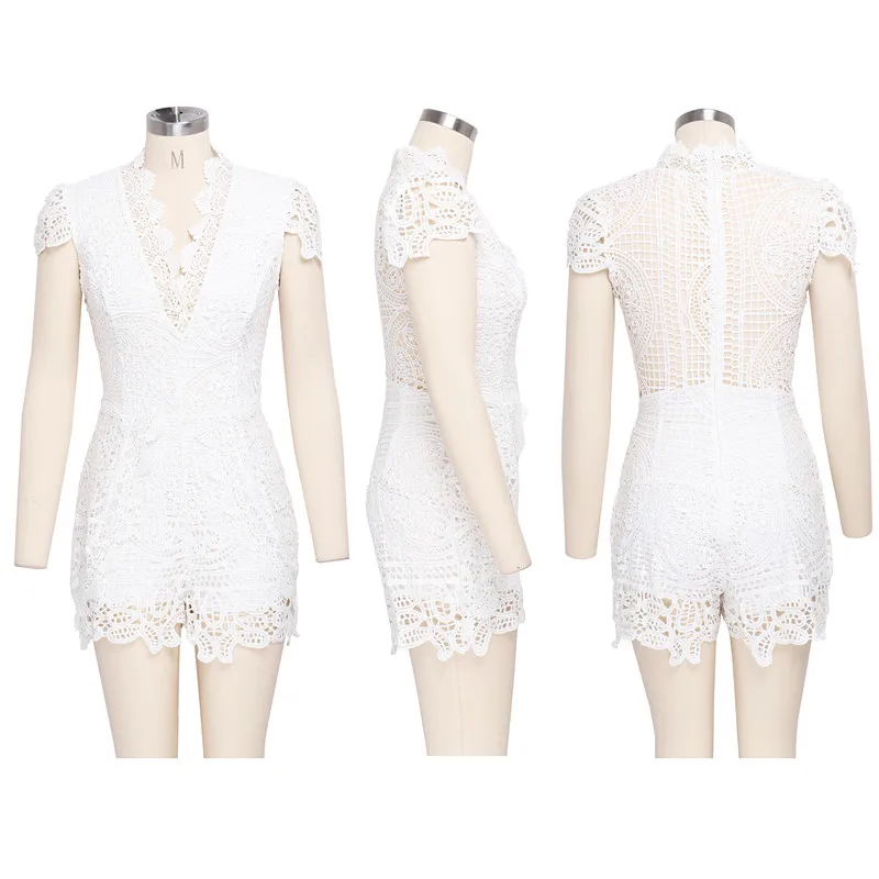 Женские комбинезоны с коротким рукавом кружевные однотонные v образным вырезом