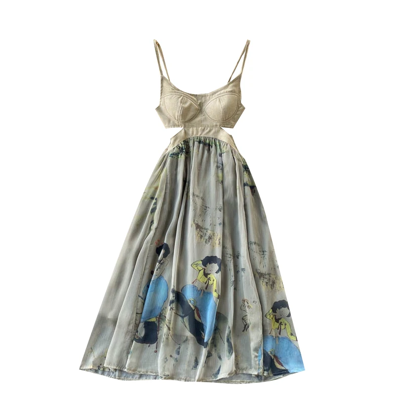 

Women Hollow Backless Strap Dress Sexy Sleeveless V Neck A-line Party Dress Summer Design Print Holiday Beach Sundress