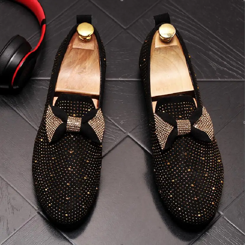 Men Shoes Bowknot loafers Black Diamond Rhinestones Spikes men shoes Rivets Casual Flats sneakers wholesale | Обувь