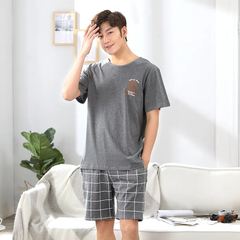 Пижамный комплект мужской хлопок короткий рукав ночная рубашка полосатая