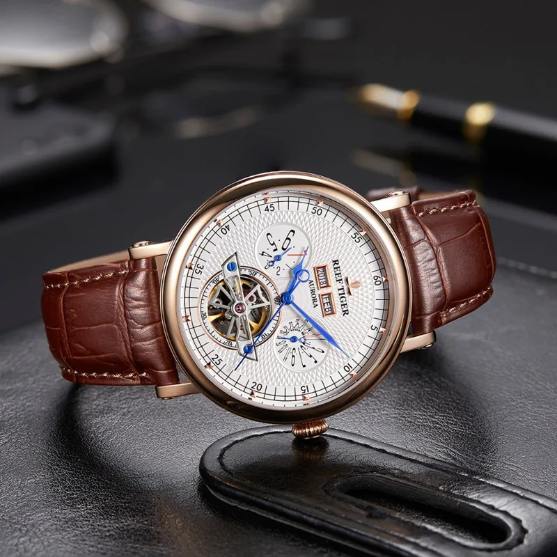 Reef Tiger R/T Tourbillon циферблат кожаный ремешок водонепроницаемые мужские часы лучший