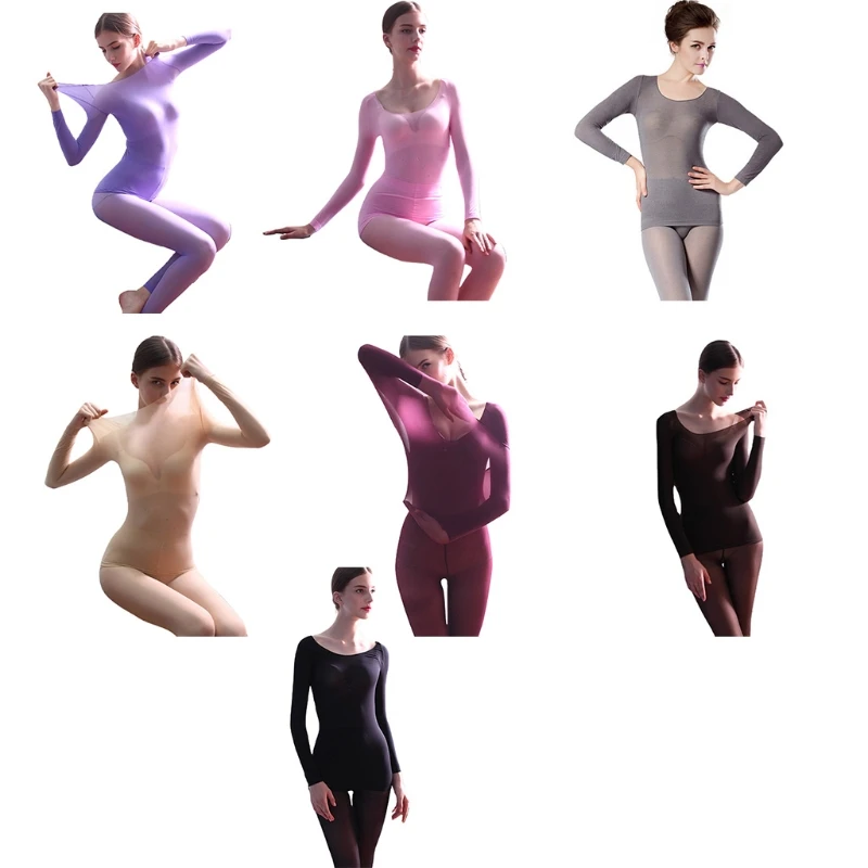 

Women Seamless Thin Constant Thermal Underwear Set Base Layer Scoop Neck Pajamas