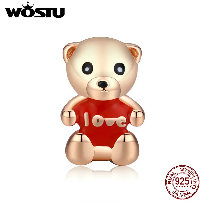 WOSTU Love Bear Beads подвеска из стерлингового серебра 925 пробы с красной эмалью подвески