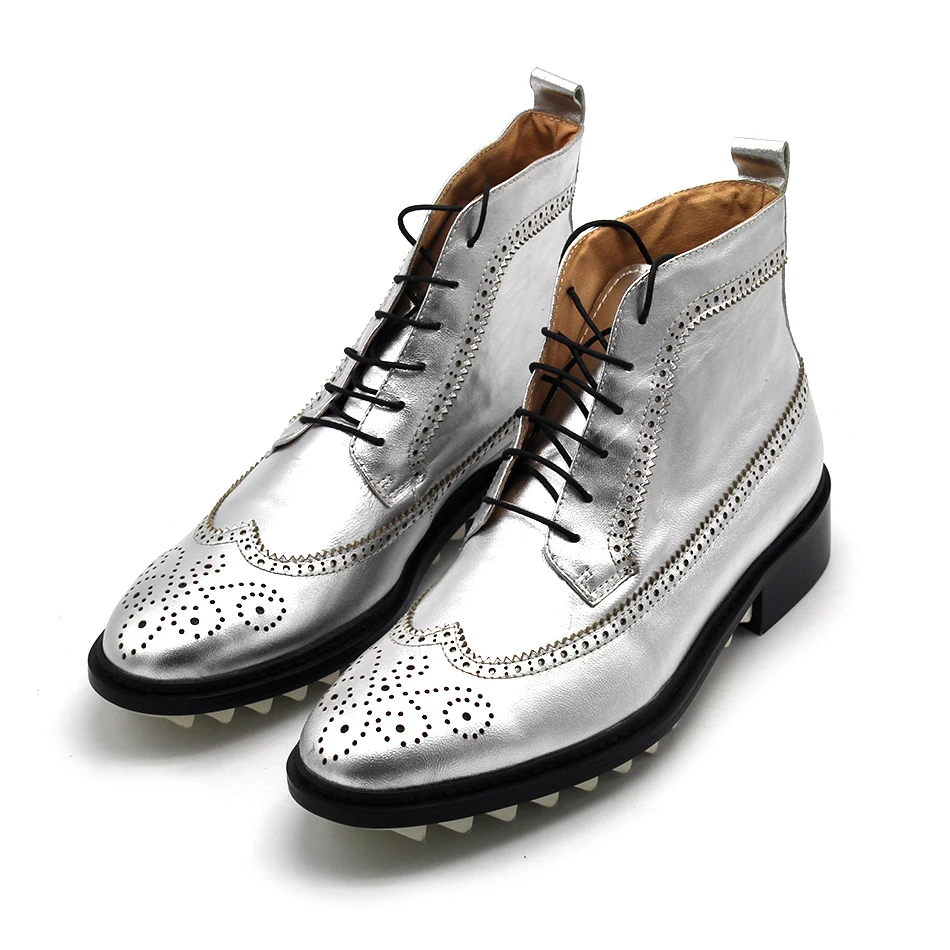 

Winter Genuine Leather Silver Martin Boots breathable Pointed toe Carved short Men boots High-End Ankle Men's Boots