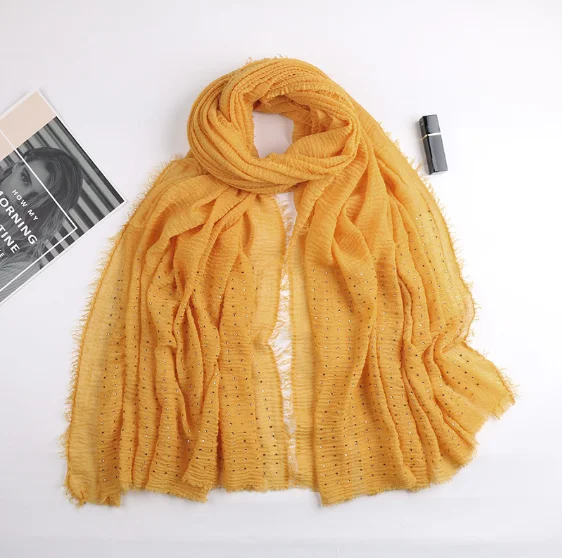 

Plain Color Bubble Cotton Maxi Muslim Women Hijab Turban Gold Diamonds Headband Fringe Edges Headscarf Long shawls 180X100CM