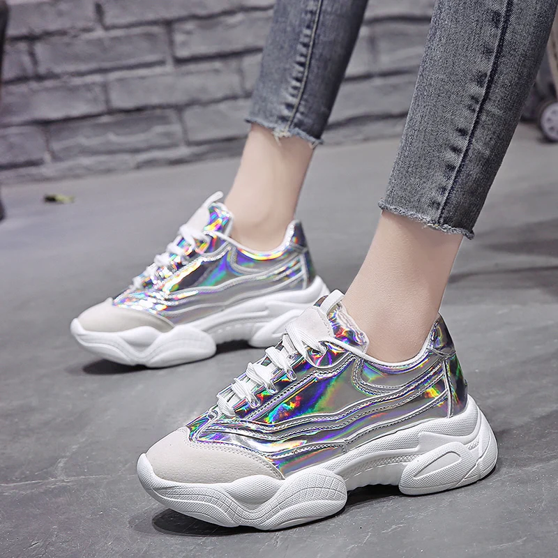 

Gold Silver Laser Chunky Sneakers Women Spring 2020 Thick Bottom Flat with Casual Shoes Woman Platform Vulcanize Shoes