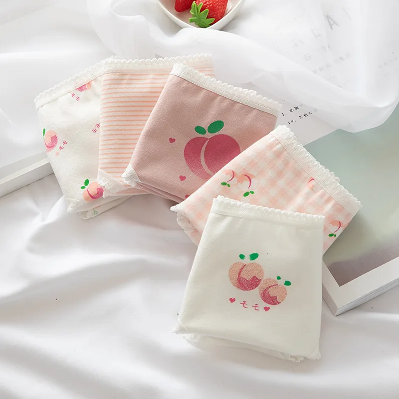 

Lolita Pink Printing Peach Pattern Women's Underwear Cotton Pack of Panties Students Sweet Briefs Lingerie
