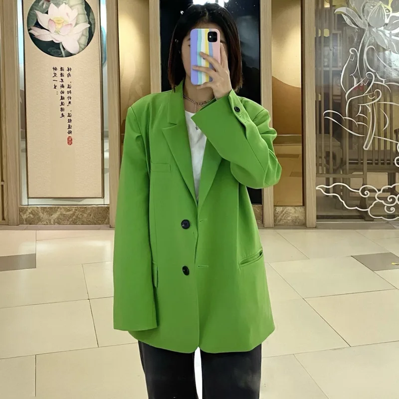 

[EWQ] Autumn 2021 spring Notched Single-breasted Green Full Loose Suit Fashion Big Pocket Coat High quality office lady blazer