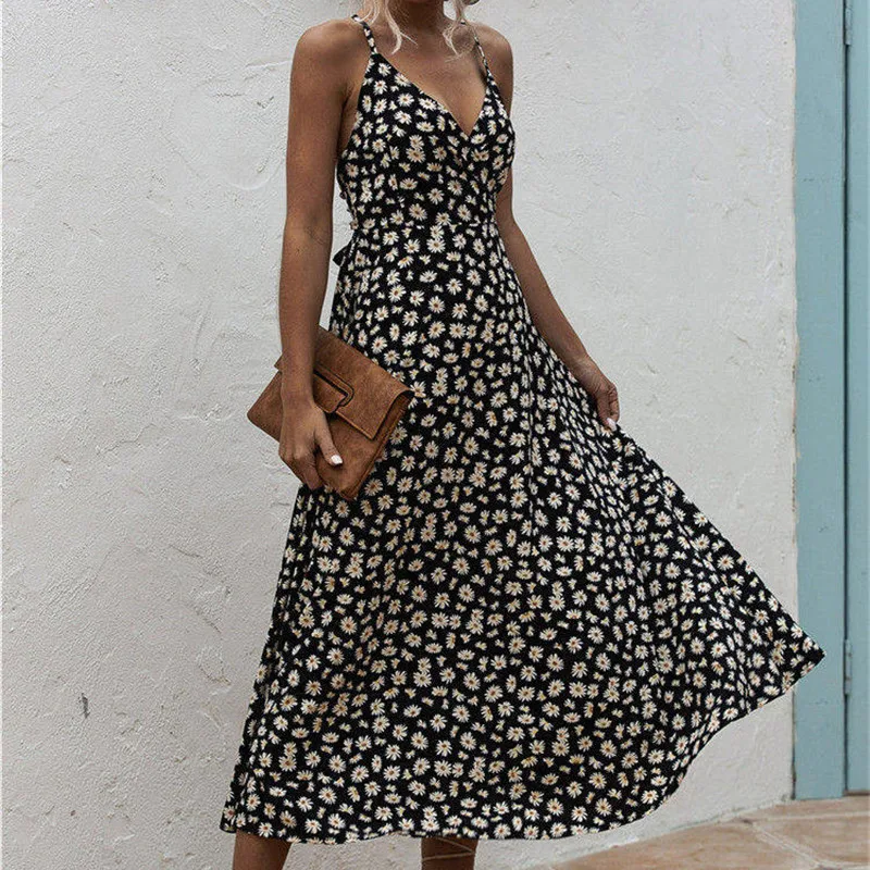 

Casual 2020 Summer Women Print Maxi Dress Fashion Spaghetti Straps Dress V-neck Bow Dress