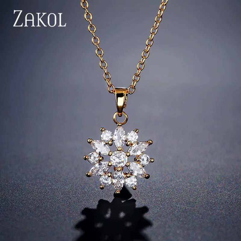 Gold Color ZAKOL Fashion Rose Gold Color Pendants Flower Cluster Clear Crystal Zirconia Sweet Necklaces For Women Jewelry FSNP2105 - Окраска металла: Gold Color