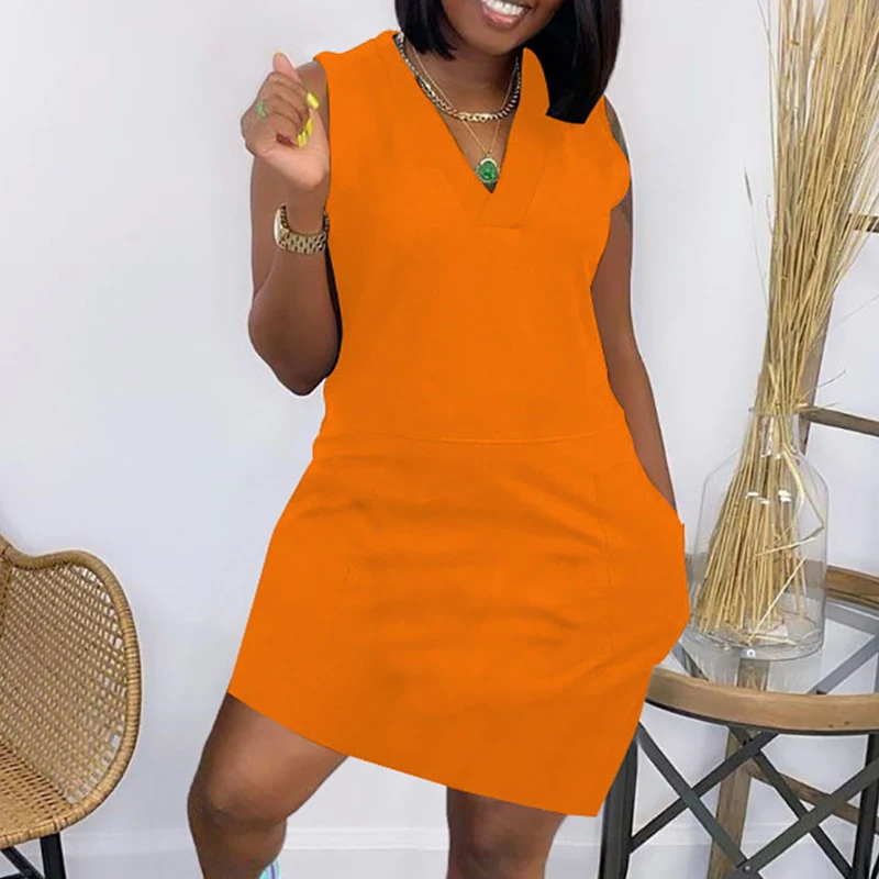 

Women Fashion Casual Loose Fit Mini Dress Female Casual Short Dresses Solid V nekc Pocket Design Dresses