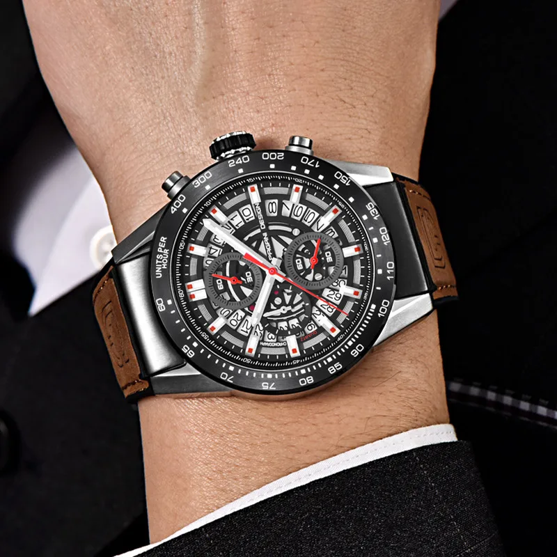 Часы-хронограф мужские Кварцевые водонепроницаемые с кожаным ремешком |