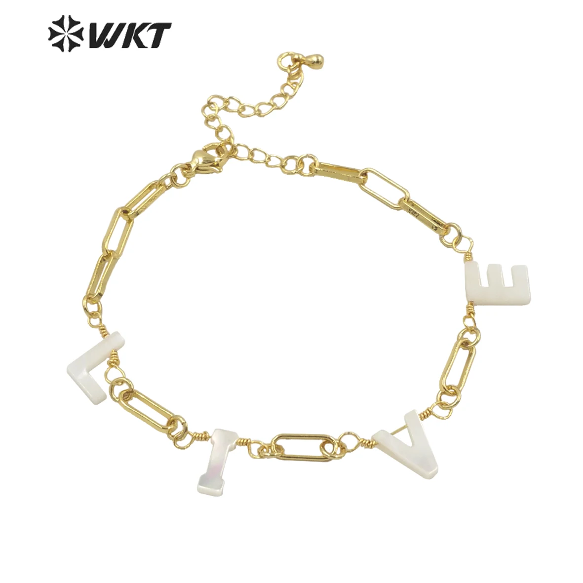 

WT-MPB036 Amazing vintage boho women handmade Link Chain Letters charm bracelet gold electroplated shell charm bracelet