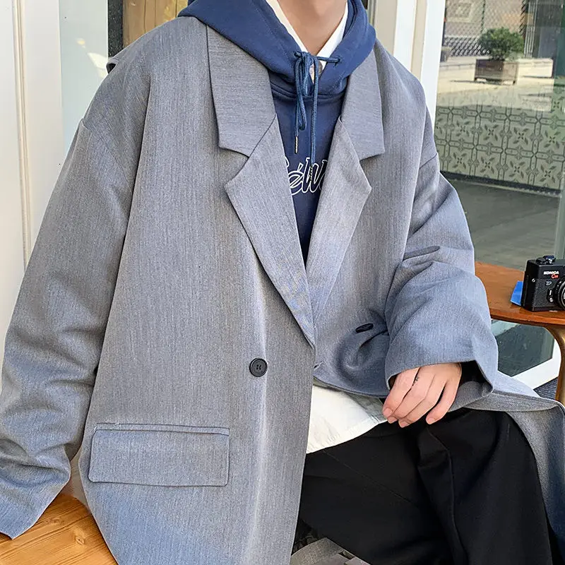 

2020 Autumn New Man's Fake Two-piece Mid-length Youth Fashion Windbreaker Loose Solid Color Casual Coat M-2XL