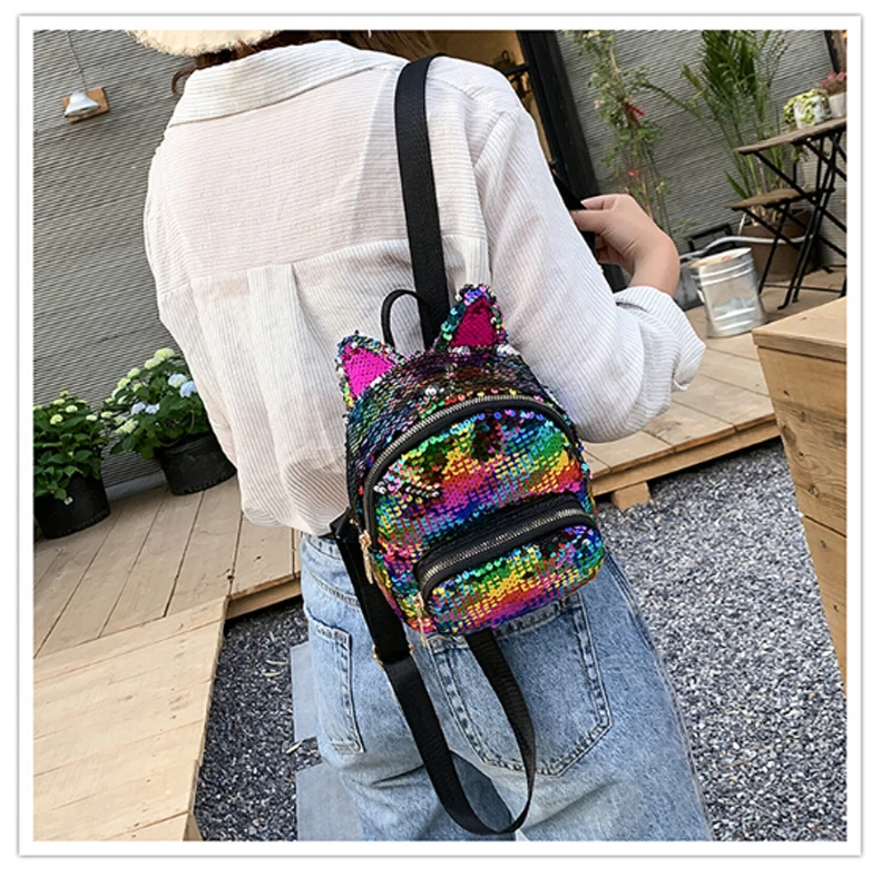 

2019 New Women Mini Sequin Backpack PU Leather Cat Ear Handbag Girls Travel Rucksack Shoulder Bag Fashion