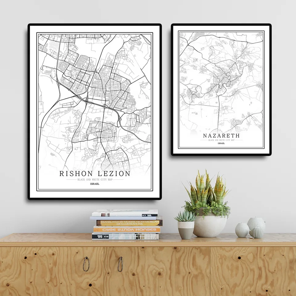 Израиль черно-белая карта города плакат Скандинавская гостиная Jerusalem Natanya