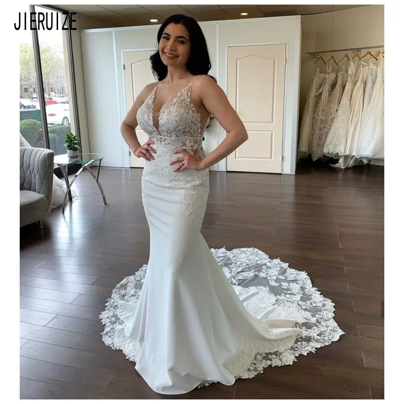 

E JUE SHUNG Beach Mermaid Wedding Dresses V Neck Boho Bridal Dresses Lace Appliques Button Back Wedding Gowns Robe de Mariage